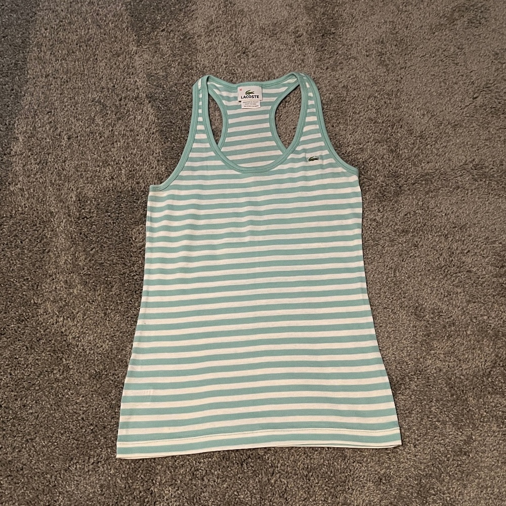 Lacoste Racerback Tank Top - Teal & White Striped - Size 36 - NWOT